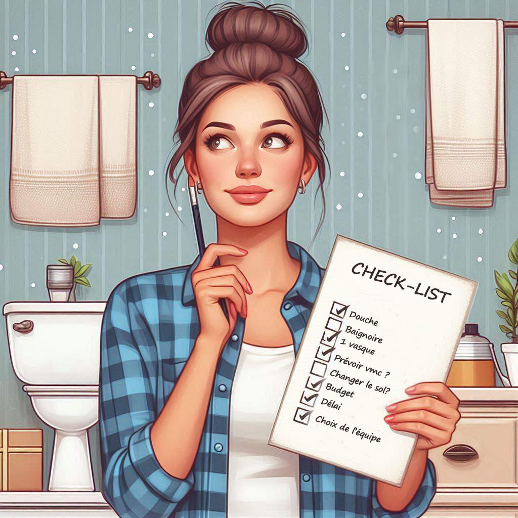 Illustration d'une femme cherchant à identifier avec une check-list les points essentiels à identifier pour rénover une salle de bains