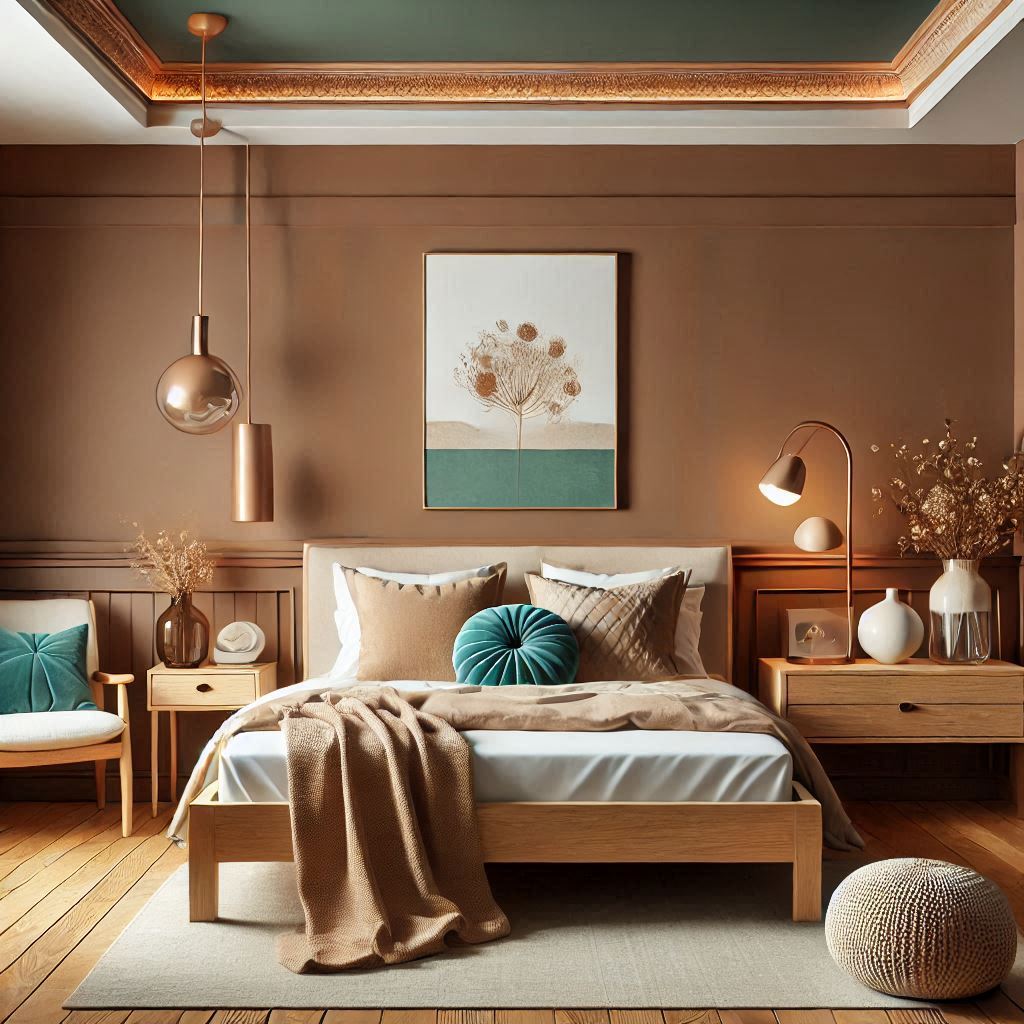 chambre présentant la teinte pantone 2025 Mocha Mousse avec du Bleu sarcelle